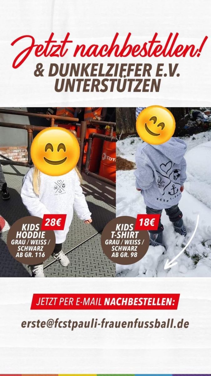 T-Shirts und Hoodies der FCSP 1. Frauen. Bestellung per e-Mail an erste@fcstpauli-frauenfussball.de
