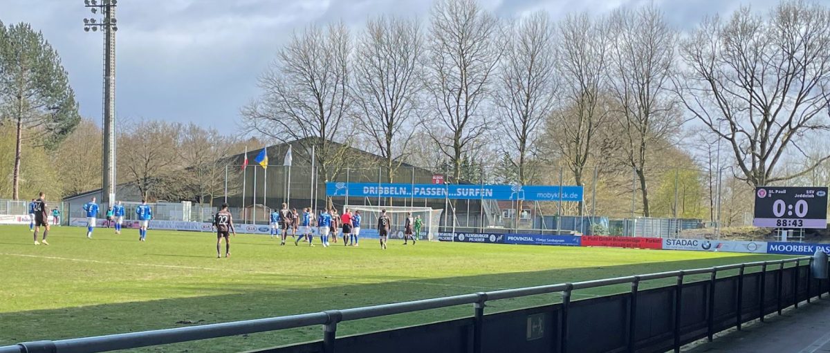 Der Fußballpatz der U23 in Norderstedt, im Hintergrund Bäume.