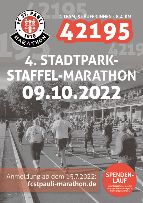 Werbeplakat für den Stadtpark-Marathon, man sieht die Laufbahn und die Tribüne sowie einige Läufer*innen.