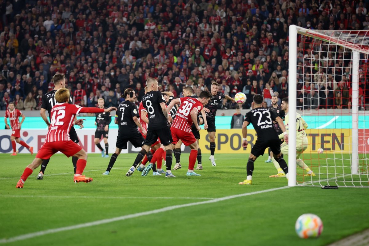 FREIBURG IM BREISGAU, GERMANY - OCTOBER 19: Michael Gregoritsch of SC Freiburg scores their side's second goal during the DFB Cup second round match between Sport-Club Freiburg and FC St. Pauli at Europa-Park Stadion on October 19, 2022 in Freiburg im Breisgau, Germany. (Photo by Alex Grimm/Getty Images)