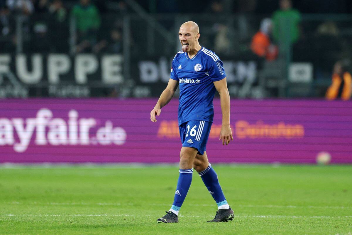 MOENCHENGLADBACH, GERMANY - FEBRUARY 04: Michael Frey of FC Schalke 04 reacts after the draw during the Bundesliga match between Borussia Mönchengladbach and FC Schalke 04 at Borussia-Park on February 04, 2023 in Moenchengladbach, Germany. (Photo by Dean Mouhtaropoulos/Getty Images)