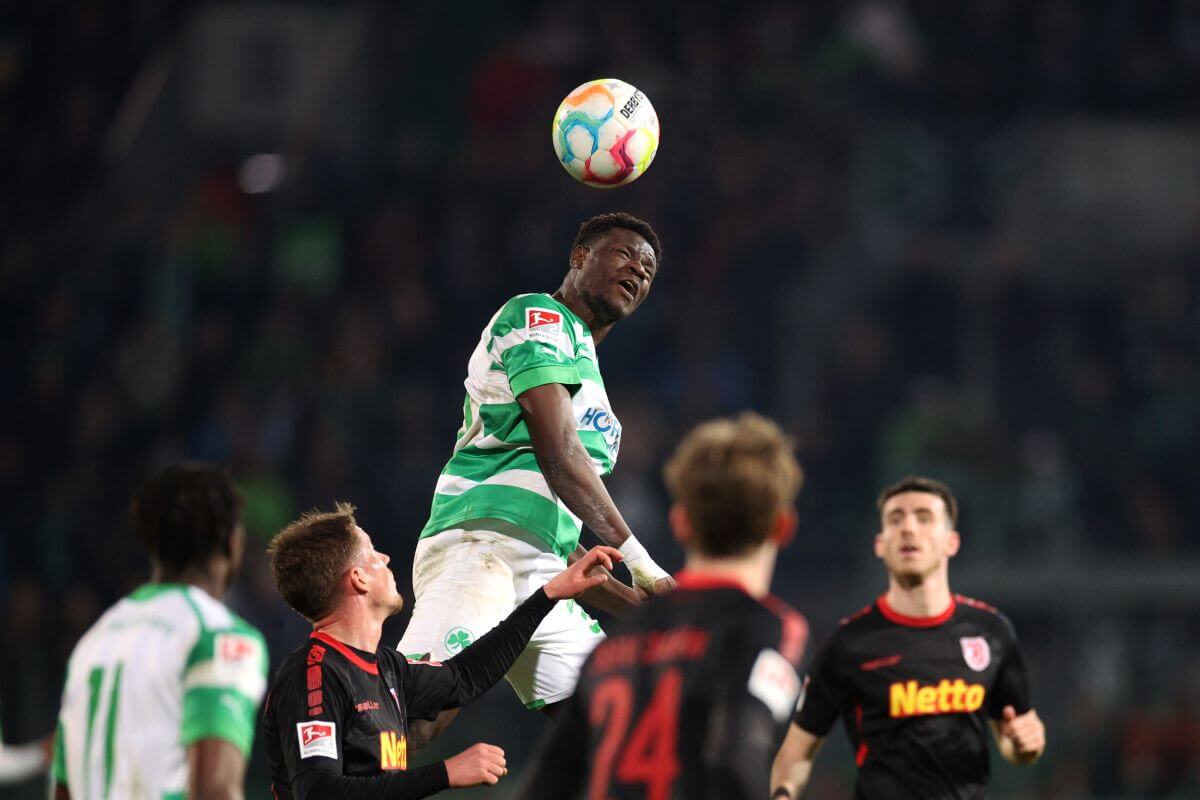 FUERTH, GERMANY - APRIL 14: Ragnar Ache of Greuther Furth in action during the Second Bundesliga match between SpVgg Greuther Fürth and SSV Jahn Regensburg at Sportpark Ronhof on April 14, 2023 in Fuerth, Germany. (Photo by Adam Pretty/Getty Images)