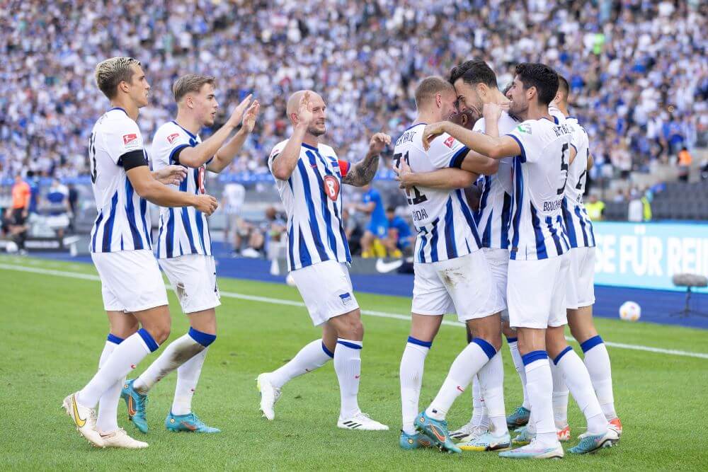 BERLIN, GERMANY - SEPTEMBER 17: Haris Tabakovic of Hertha BSC celebrates with team mates after scoring the team's second goal during the Second Bundesliga match between Hertha BSC and Eintracht Braunschweig at Olympiastadion on September 17, 2023 in Berlin, Germany. (Photo by Maja Hitij/Getty Images)