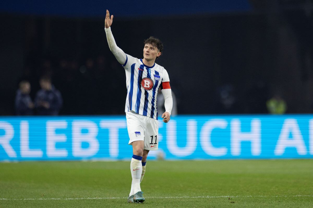 BERLIN, GERMANY - FEBRUARY 16: Fabian Reese celebrates after scoring the team's first goal during the Second Bundesliga match between Hertha BSC and 1. FC Magdeburg at Olympiastadion on February 16, 2024 in Berlin, Germany. (Photo by Maja Hitij/Getty Images)