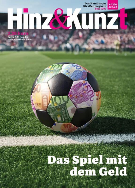 Titelcover der Juni-Ausgabe der "Hinz & Kunzt". Zu sehen ist ein mit Geldscheinen bedruckter Fußball, dazu die Headline "Das Spiel mit dem Geld".