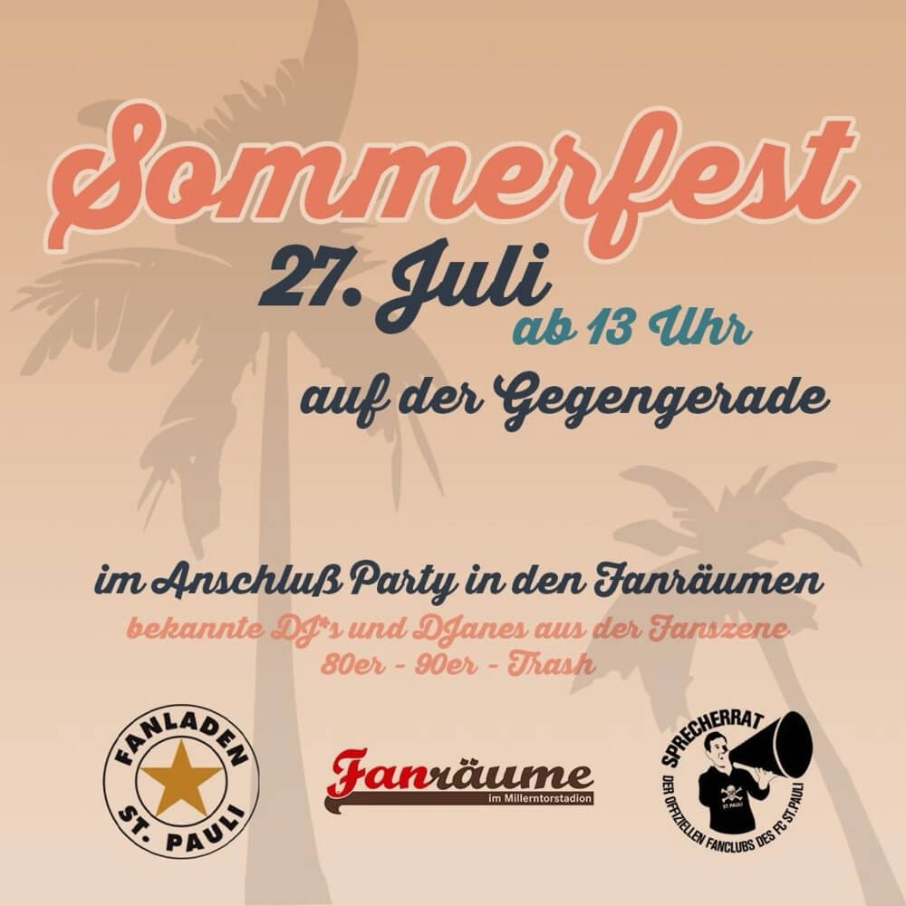 Sommerfest
27. Juli
ab 13 Uhr
auf der Gegengerade
im Anschluß Party in den Fanräumen bekannte DJ’s und DJanes aus der Fanszene
80er - 90er - Thash