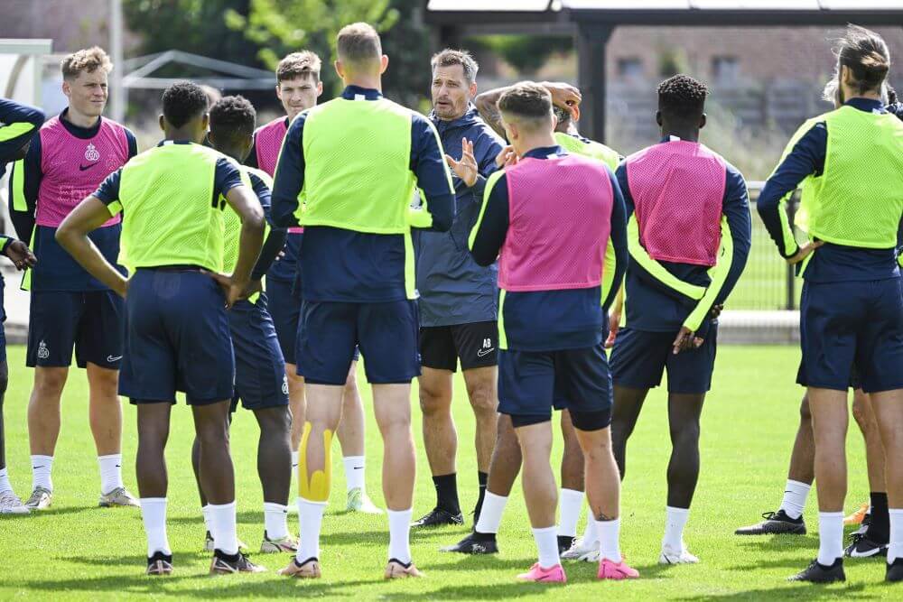 Union's head coach Alexander Blessin talks to his players during a training session of Belgian first division soccer team Royale Union Saint-Gilloise, ahead of the 2023-2024 season, Wednesday 05 July 2023 in Lier. BELGA PHOTO TOM GOYVAERTS (Photo by Tom Goyvaerts / BELGA MAG / Belga via AFP) (Photo by TOM GOYVAERTS/BELGA MAG/AFP via Getty Images)