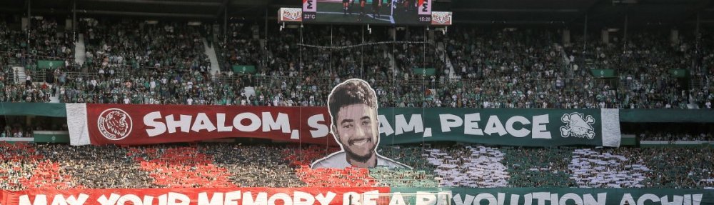 "Shalom, Salam, Peace" Choreo der Fans des SV Werder Bremen für Hersh-Goldberg-Polin. Durchgeführt am 21. September 2024 im Weserstadion vor dem Spiel gegen Bayern München.