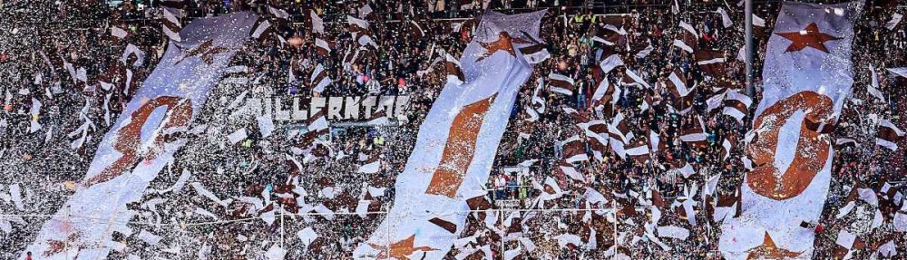 1910-Choreo mit Bannern, Fahnen und viel Konfetti auf der Süd am Millerntor des FC St. Pauli beim Heimspiel gegen Borussia Dortmund am 24. August 2025. // (c) Stefan Groenveld