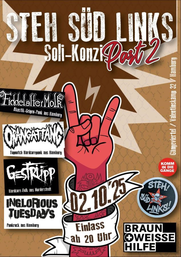Solikonzert am 2.10.25 im Gängeviertel für die BWH:
Fiddelalter Molk, Orängättäng. Gestrüpp und Inglorious Tuesdays