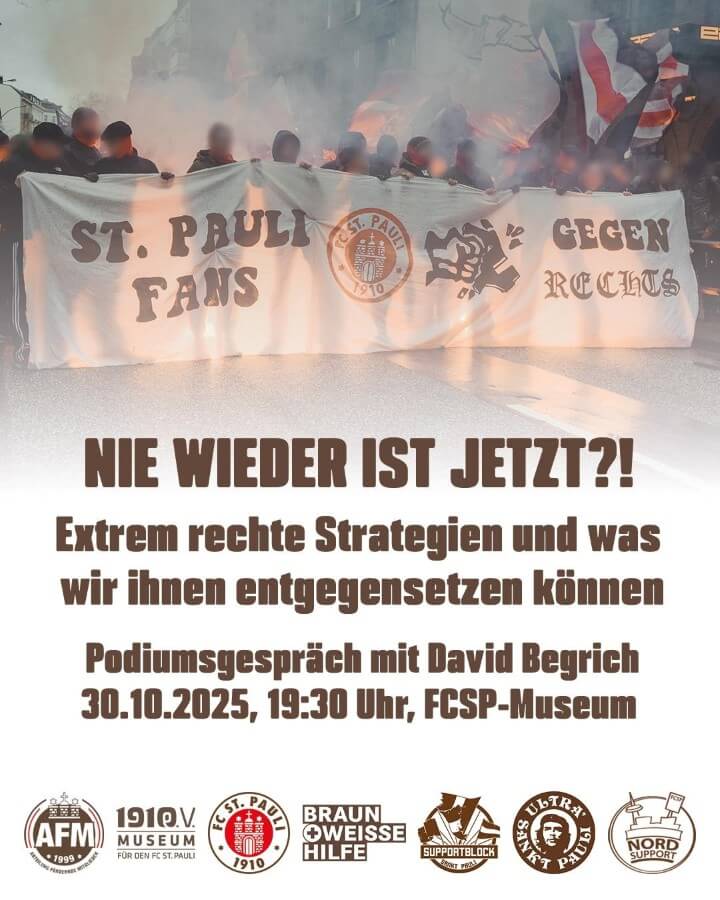 Flyer zur Podiumsveranstaltung "Nie wieder ist jetzt?!"
30.10.2025, 19.30 Uhr, FC St. Pauli Museum