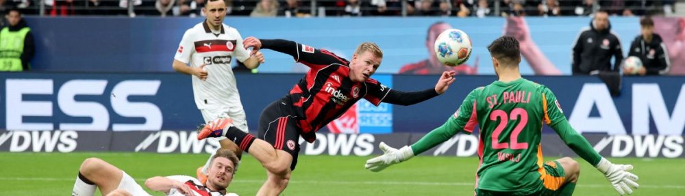 FRANKFURT AM MAIN, GERMANY - OCTOBER 25: Jonathan Burkardt of Eintracht Frankfurt scores his team's second goal during the Bundesliga match between Eintracht Frankfurt and FC St. Pauli at Deutsche Bank Park on October 25, 2025 in Frankfurt am Main, Germany. (Photo by Alex Grimm / Getty Images)