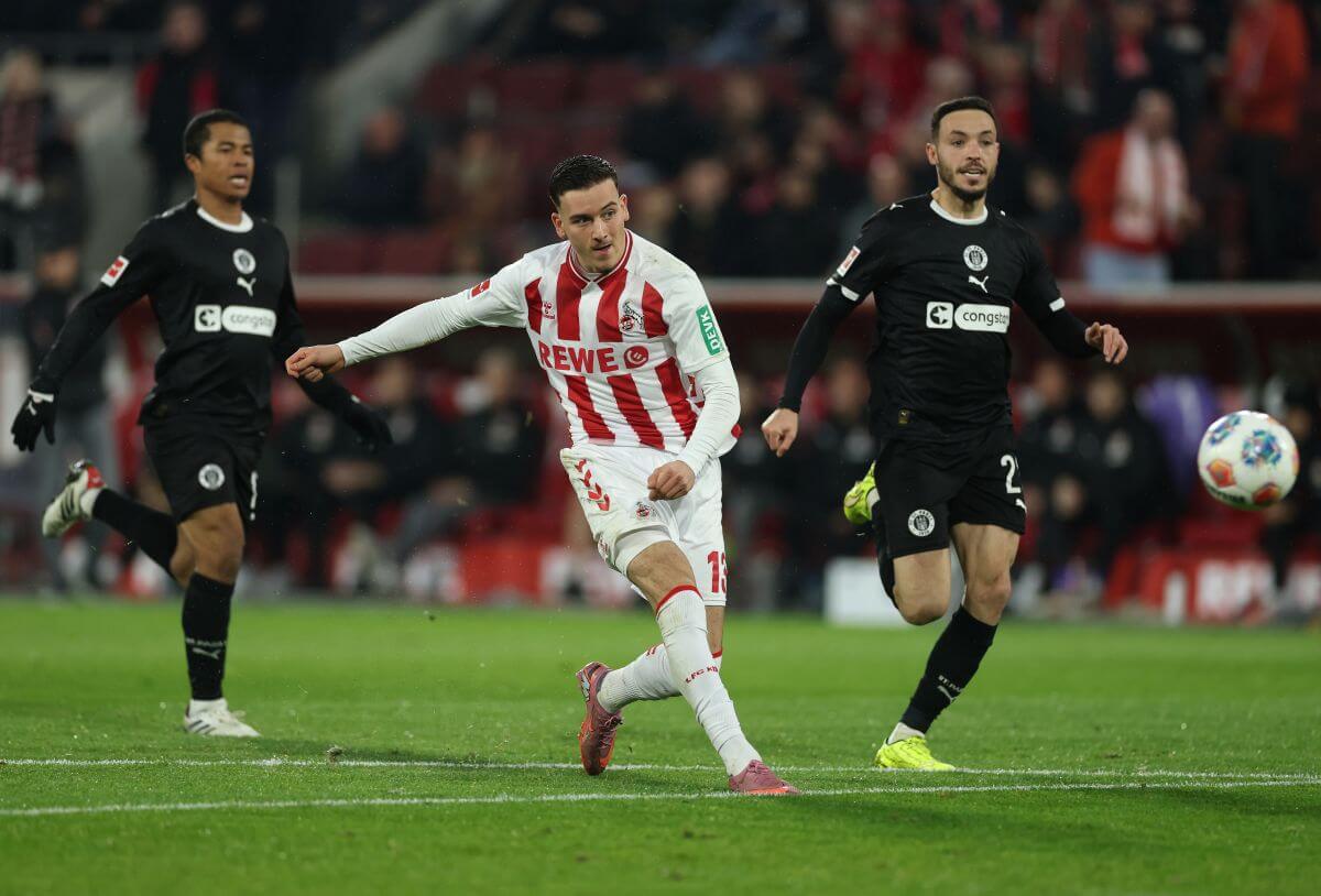 COLOGNE, GERMANY - DECEMBER 06: Said El Mala of 1. FC Koln scores his team's first goal during the Bundesliga match between 1. FC Köln and FC St. Pauli at RheinEnergieStadion on December 06, 2025 in Cologne, Germany. (Photo by Lars Baron/Getty Images)