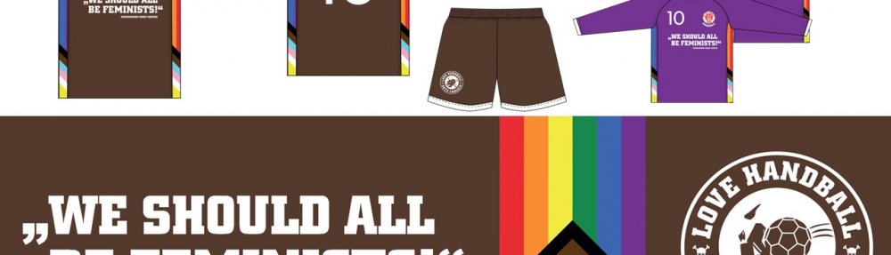 Handballtrikots in Braun-Weiß mit der Aufschrift: "We should all be feminists"