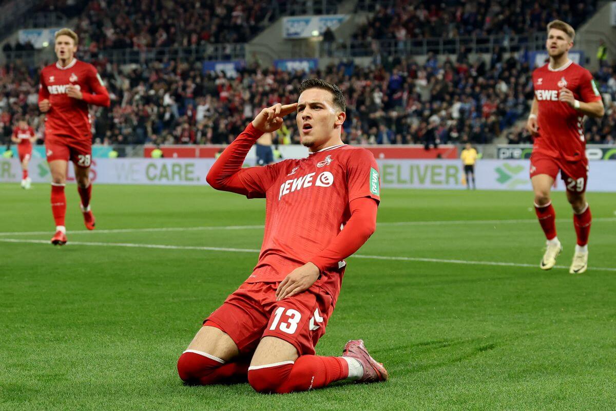 SINSHEIM, GERMANY - OCTOBER 03: Said El Mala of 1.FC Koln celebrates scoring his team's first goal during the Bundesliga match between TSG Hoffenheim and 1. FC Köln at PreZero-Arena on October 03, 2025 in Sinsheim, Germany. (Photo by Alexander Hassenstein/Getty Images)