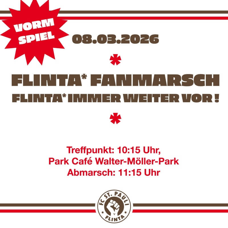Flinta* Fanmarsch 8. März 2026, Treffpunkt 10:15 Uhr Park Café Walter-Möller Park Abmarsch: 11:15 Uhr
