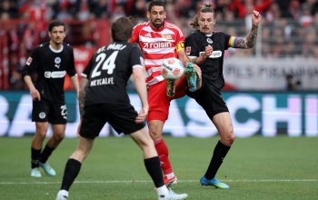 BERLIN, GERMANY - APRIL 05: Rani Khedira of 1. FC Union Berlin clashes with Jackson Irvine of FC St. Pauli during the Bundesliga match between 1. FC Union Berlin and FC St. Pauli at Stadion An der Alten Foersterei on April 05, 2026 in Berlin, Germany. (Photo by Ronny Hartmann/Getty Images)