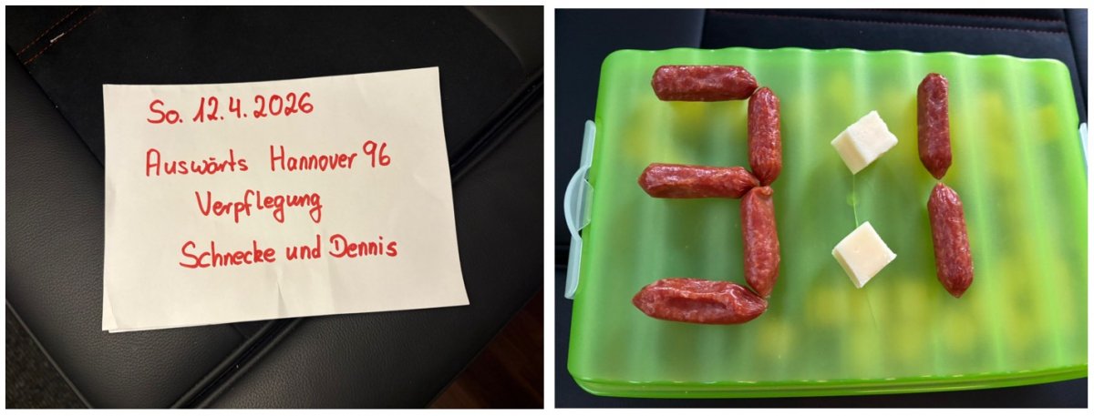Geteiltes Foto, links ein Zettel mit der Spielpaarung und dem Wort "Verpflegung", rechts ein aus Mini-Salamis und Käsewürfeln gelegtes 3:2 auf einer Snackbox.
