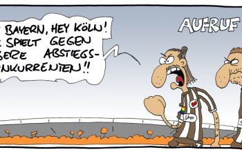 Guido Schröter Comic. Zu sehen sind Jackson Irvine und Hauke Wahl. Irvine sagt per Sprechblase, mit kämpferischer Geste: "Hey Bayern, hey Köln! Ihr spielt gegen unsere direkten Abstiegskonkurrenten!"