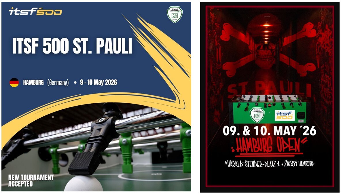 Werbeplakat für das Internationale Tischfußball Turnier: "ITSF 500 St. Pauli", am 9. & 10. Mai. Links ist ein Tischkicker zu sehen, rechts der bekannte Kabinengang des FC St. Pauli mit Totenkopf.