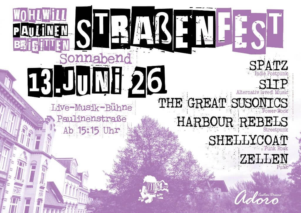 Straßenfest von Wohlwill-, Paulinen- und Brigittenstraße am 13. Juni 2026.
Live-Musik-Bühne mit Spatz, The Great Susonics, Harbour Rebels, Shellycoat & Zellen