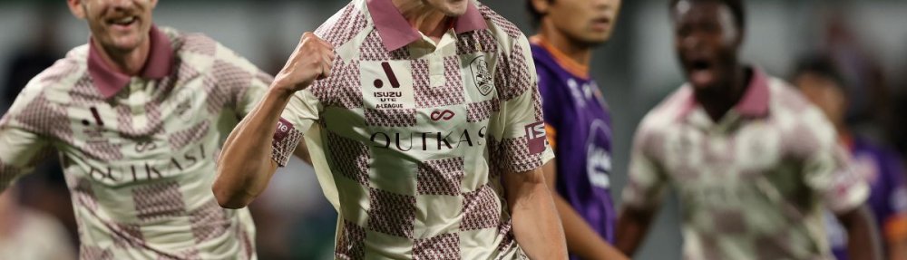 PERTH, AUSTRALIA - MARCH 15: Sam Klein of the Roar celebrates a goal during the round 23 A-League Men match between Perth Glory and Brisbane Roar at HBF Park, on March 15, 2025, in Perth, Australia. (Photo by Paul Kane/Getty Images)