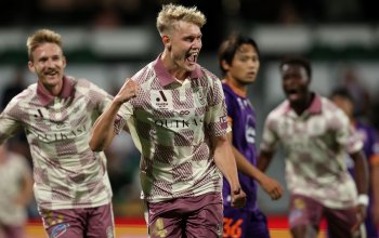 PERTH, AUSTRALIA - MARCH 15: Sam Klein of the Roar celebrates a goal during the round 23 A-League Men match between Perth Glory and Brisbane Roar at HBF Park, on March 15, 2025, in Perth, Australia. (Photo by Paul Kane/Getty Images)