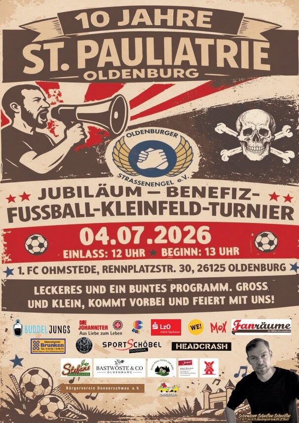 Flyer zum Turnier des Fanclubs St. Pauliatrie Oldenburg. 4. Juli 2026, 1. FC Ohmstede, Rennplatzstr. 30, 26125 Oldenburg, Beginn 13 Uhr.