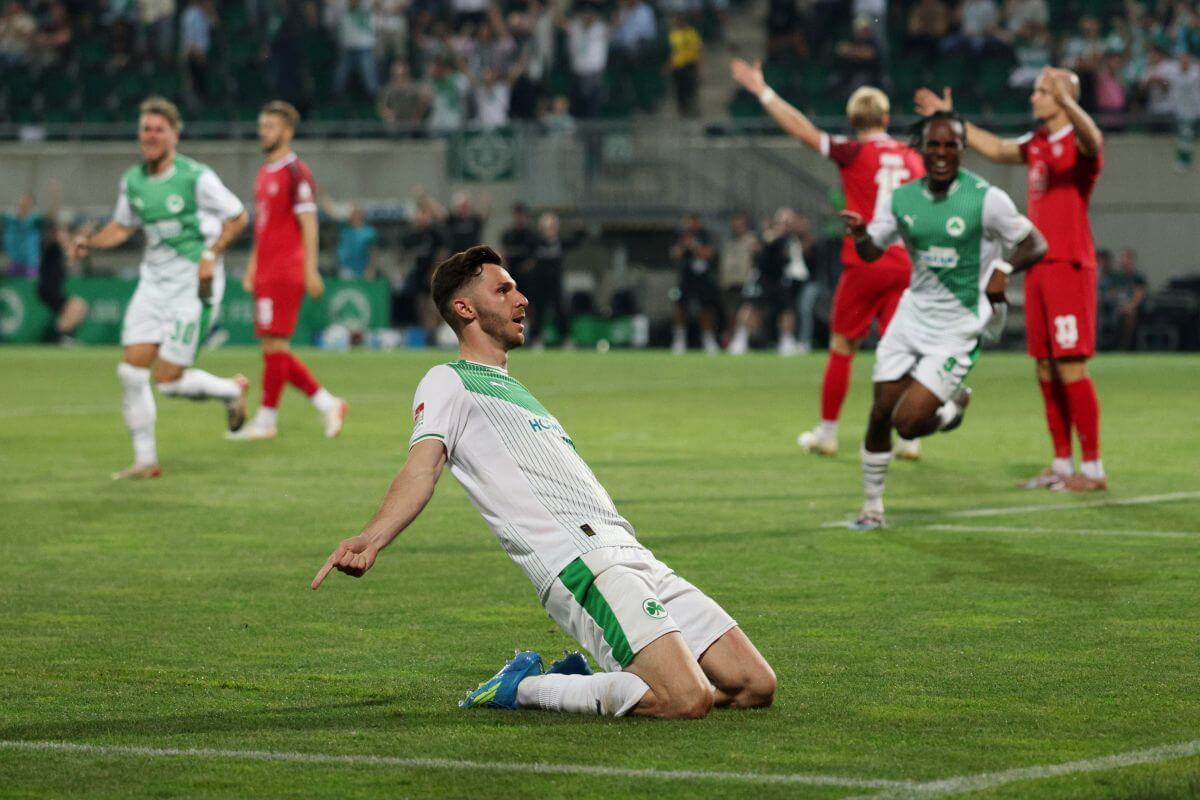 FUERTH, GERMANY - MAY 26: Branimir Hrgota of SpVgg Greuther Furth celebrates scoring his team's second goal during the 2. Bundesliga Playoff Leg Two match between SpVgg Greuther Fürth and Rot-Weiss Essen at Sportpark Ronhof Thomas Sommer on May 26, 2026 in Fuerth, Germany. (Photo by Adam Pretty/Getty Images)