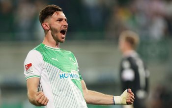 FUERTH, GERMANY - MAY 26: Branimir Hrgota of SpVgg Greuther Furth celebrates scoring his team's second goal during the 2. Bundesliga Playoff Leg Two match between SpVgg Greuther Fürth and Rot-Weiss Essen at Sportpark Ronhof Thomas Sommer on May 26, 2026 in Fuerth, Germany. (Photo by Adam Pretty/Getty Images)