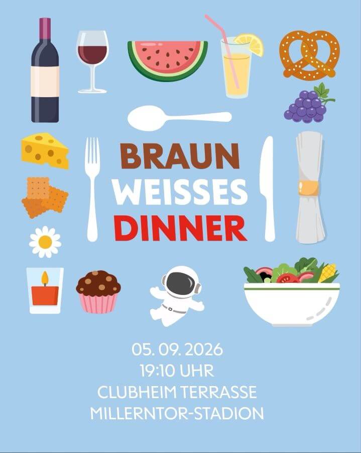 Braun-Weisses Dinner am 5. September 2026 im Clubheim des FC St. Pauli.