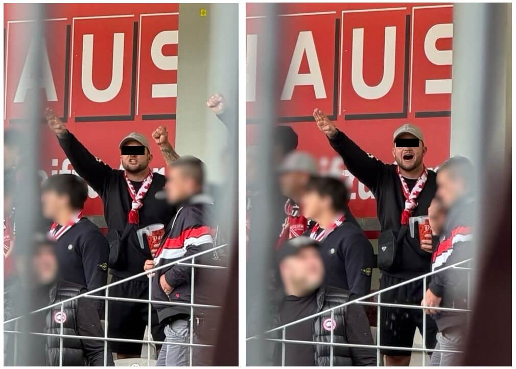 Person beim Spiel Energie Cottbus gegen FC St. Pauli am 20.09.2026, die neben dem Gästeblock einen Hitlergruß zeigt. // (c) Name der Redaktion bekannt