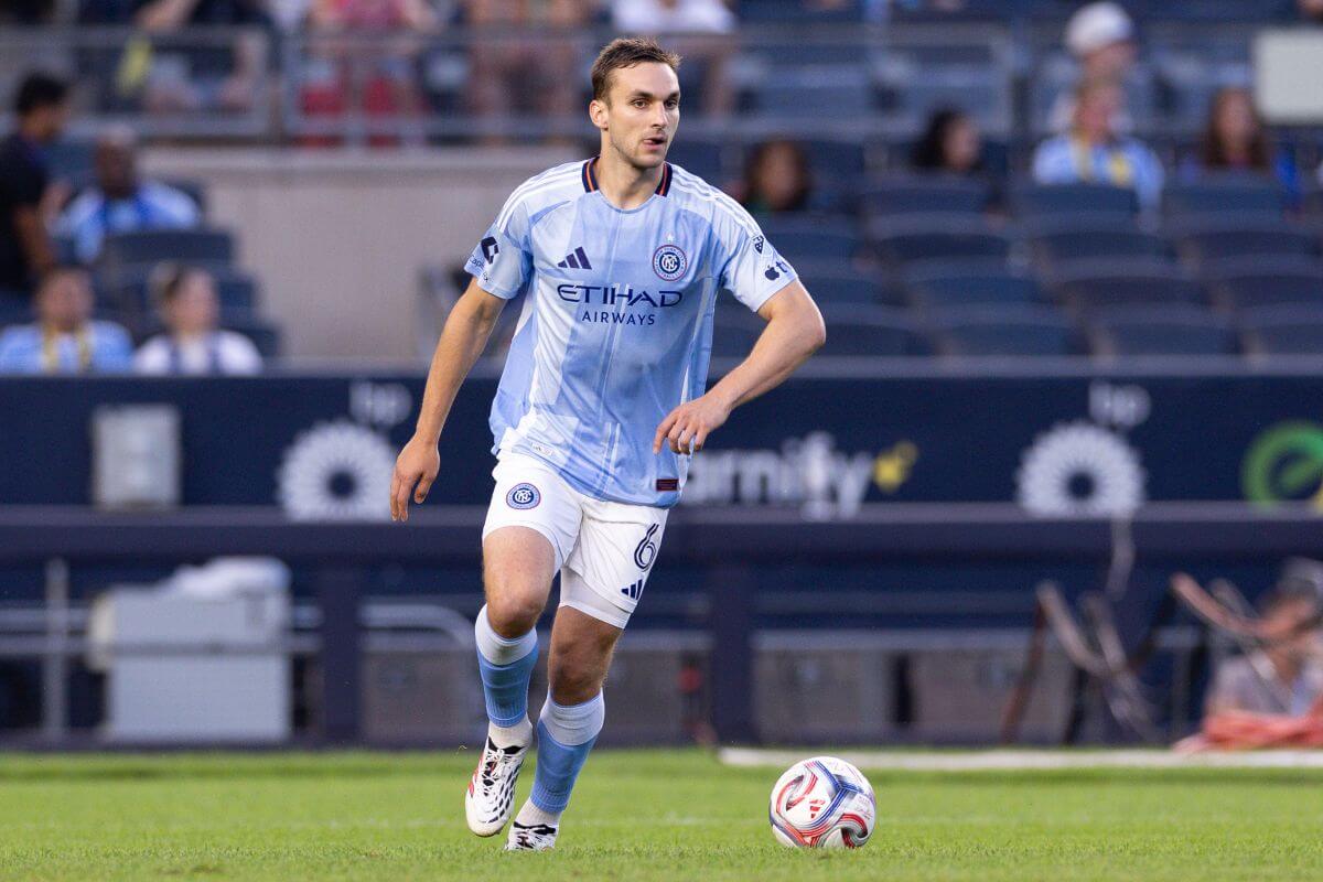 NEW YORK, NEW YORK - JULY 31: James Sands #6 of the New York City Football Club dribbles the ball during the first half against Toronto FC at Yankee Stadium on July 31, 2026 in New York, New York. (Photo by Jordan Bank/Getty Images)